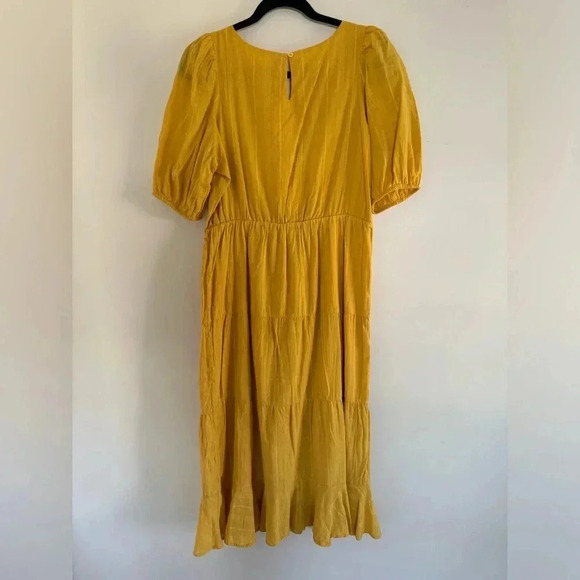 Midi Yellow Tiered Puff Sleeve Dress - V-Neck - 100% Cotton - Picture 8 of 10